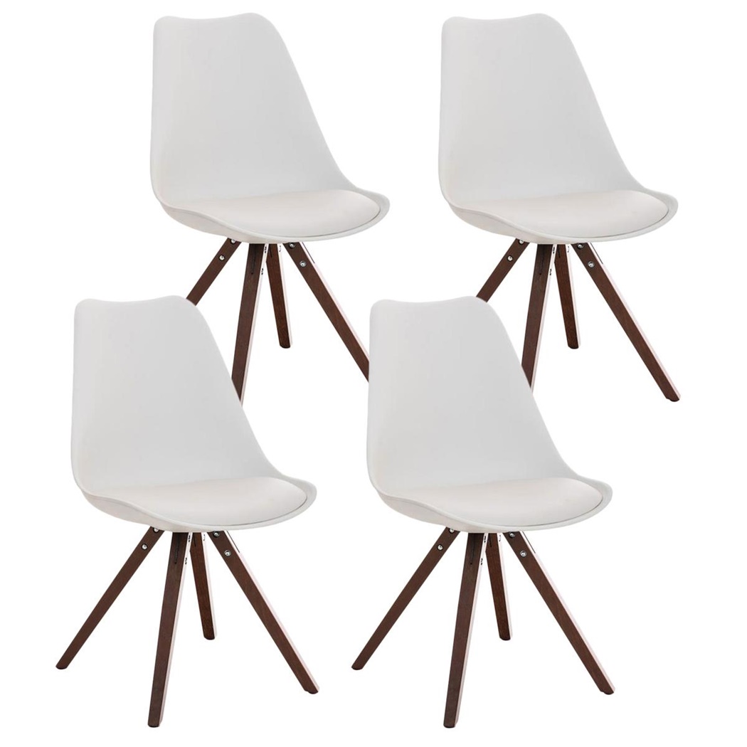 Lot de 4 Chaises de Salle à Manger BAHIA CUIR, Blanc et Pieds en Bois de Noyer