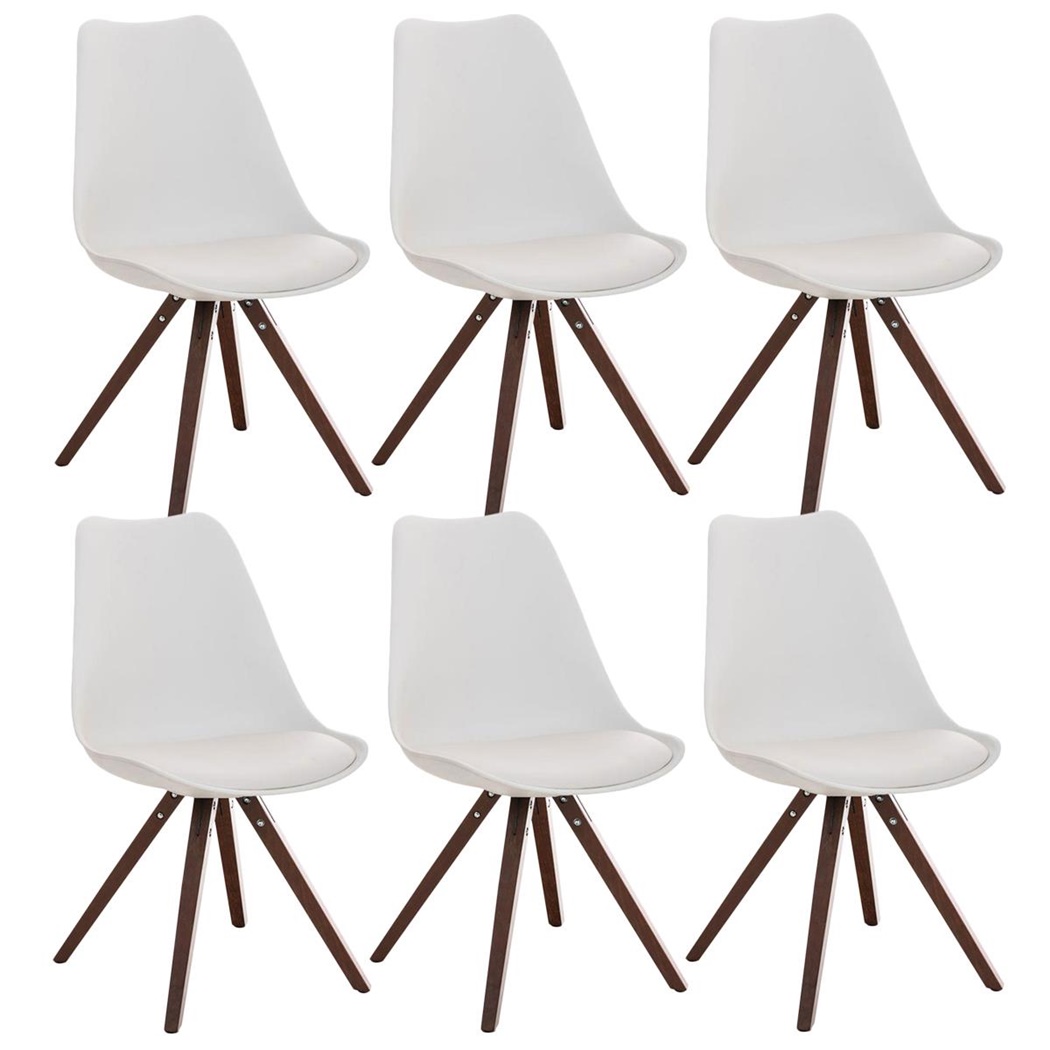 Lot de 6 Chaises de Salle à Manger BAHIA CUIR, Blanc et Pieds en Bois de Noyer