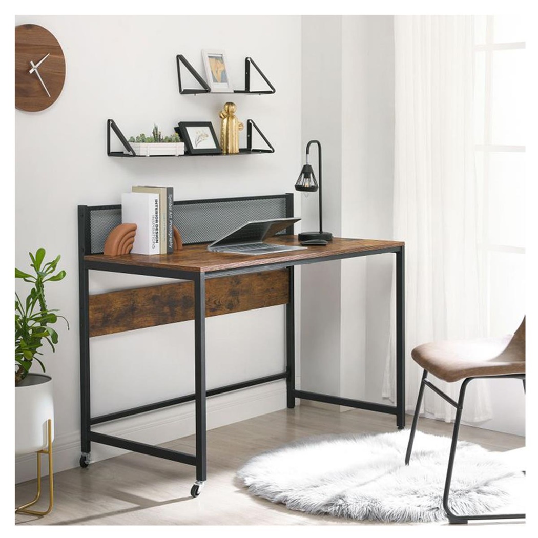 Bureau d'Ordinateur MELTON, avec Roulettes, 120x60x93cm, en Acier et Bois, Couleur Noyer