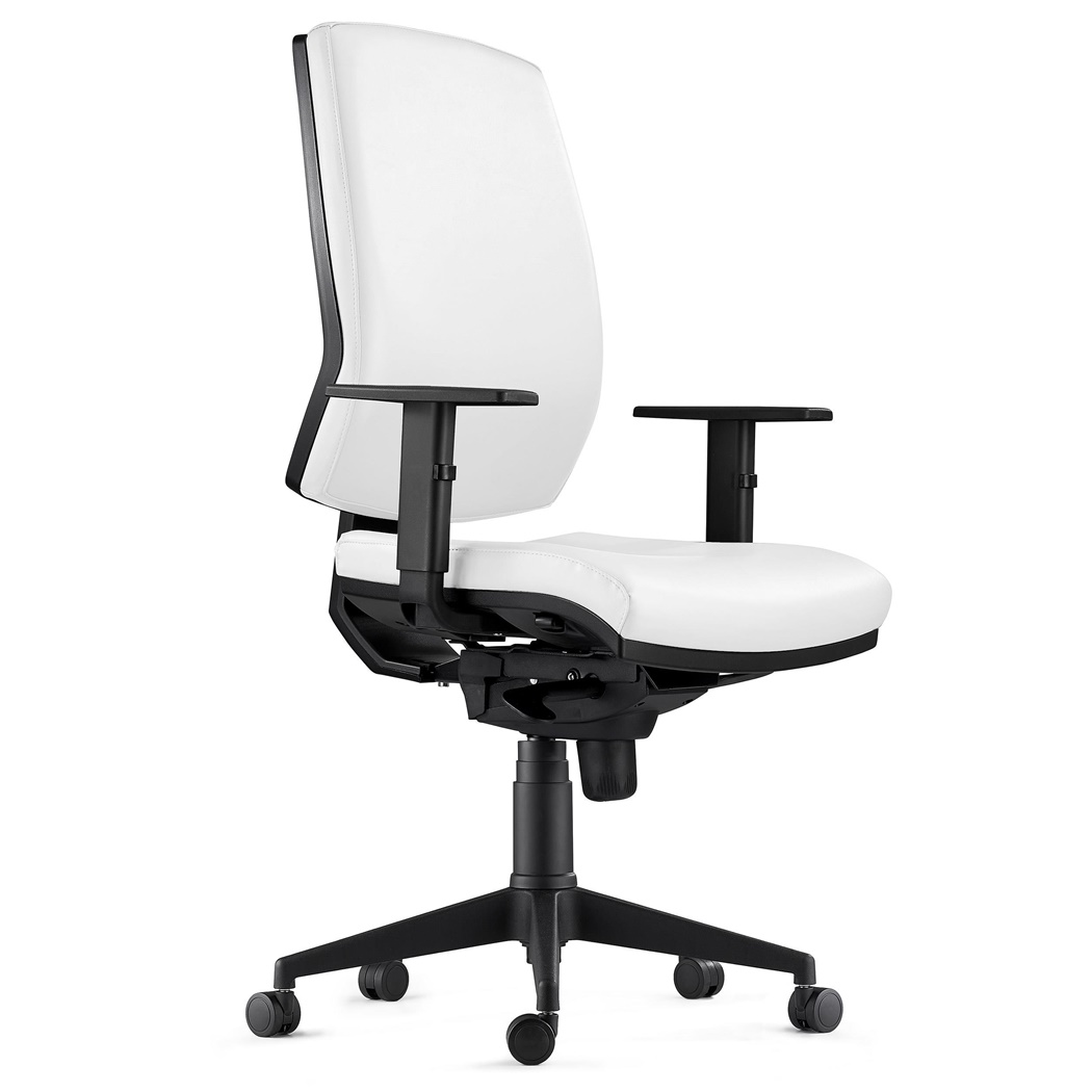 DEMO# Chaise Ergonomique OLIVER, en Cuir Authentique Blanc, Utilisation 8 Heures, Rembourrage Epais