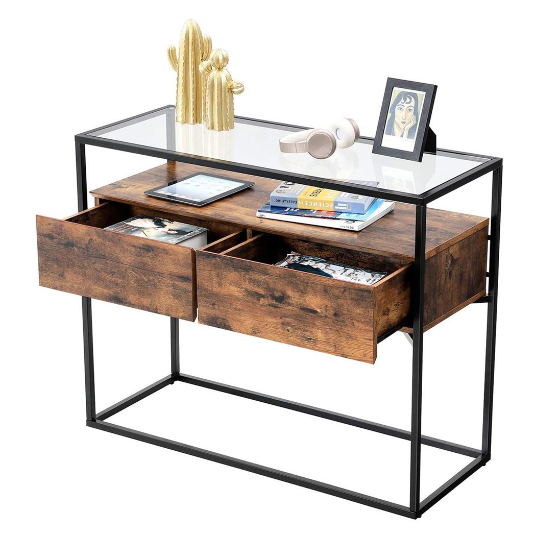 Console VORTEX, Style Rustique 100x40x80cm, Bois et Métal, Couleur Noyer et Noir