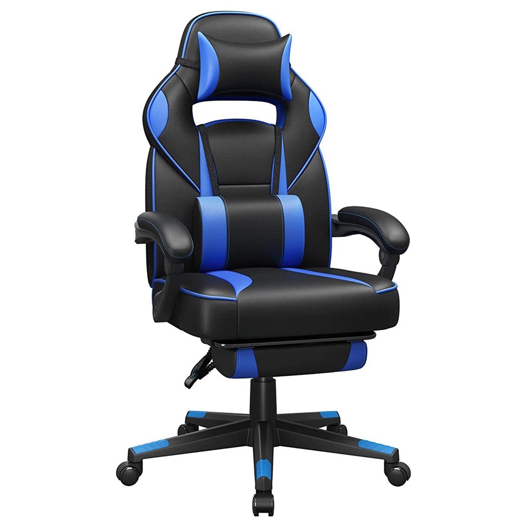 Fauteuil Gamer ROBIN, Repose-pieds, Coussins Lombaires et Cervicaux, Cuir, Noir/Bleu
