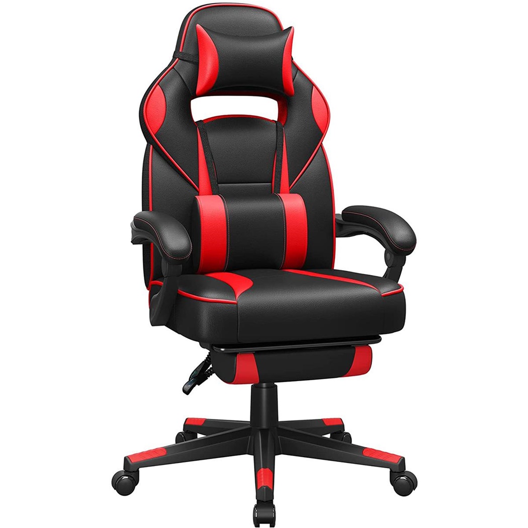 Fauteuil Gamer ROBIN, Repose-pieds, Coussins Lombaires et Cervicaux, Cuir, Noir/Rouge