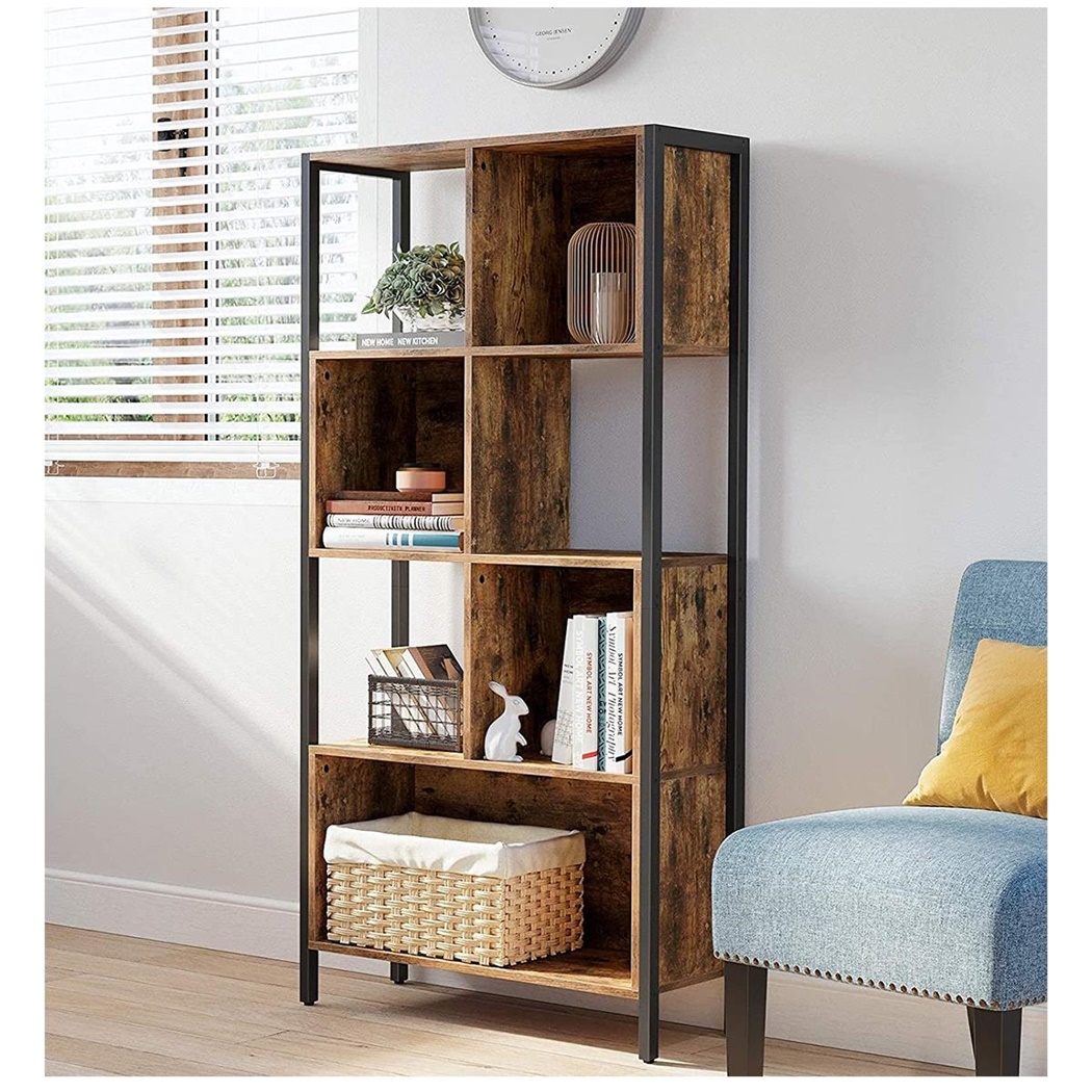 Bibliothèque de style industriel HARLEY, 74x29,6x154,5 cm, Acier et Bois de Couleur Noyer