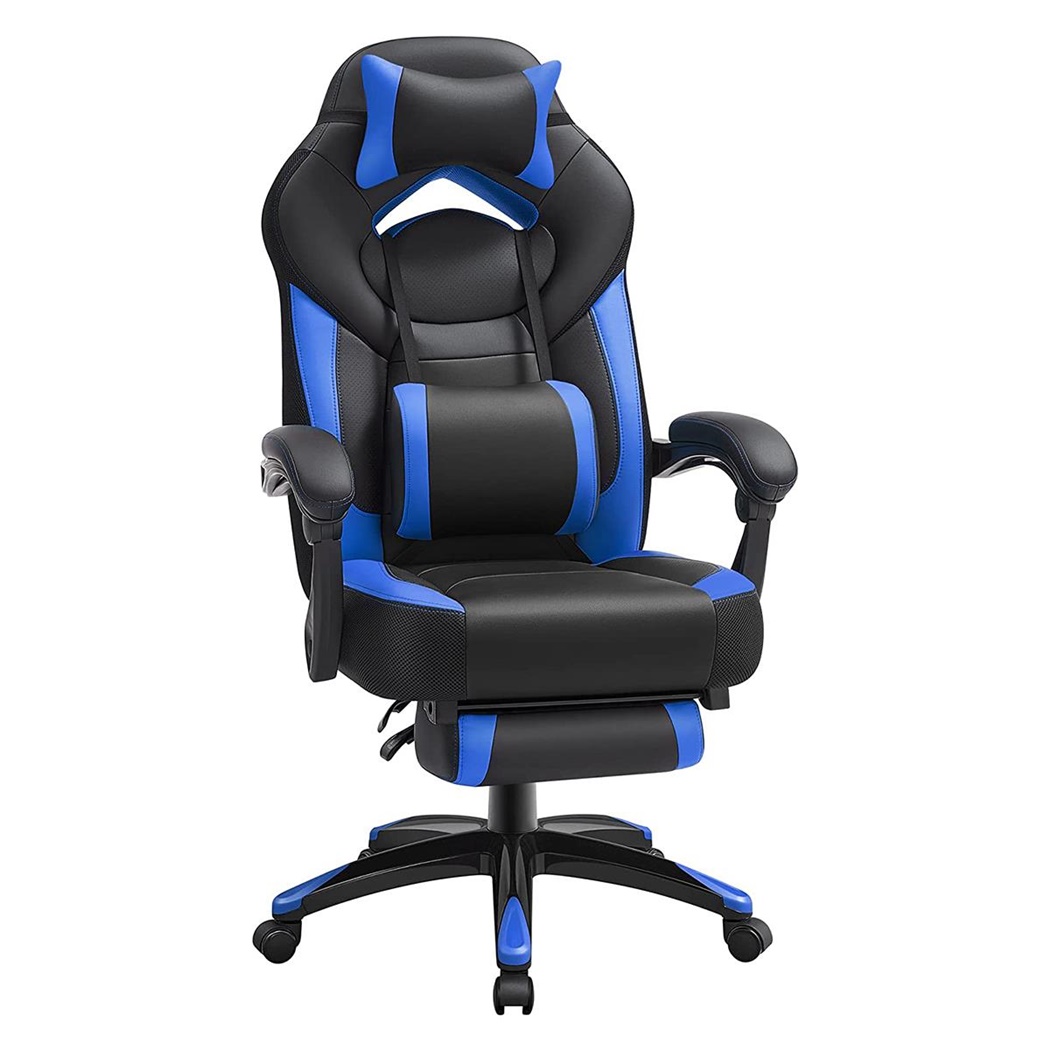 Fauteuil Gamer ROGER, Repose-pieds, Coussin Cervical et Lombaire, Cuir Noir et Bleu