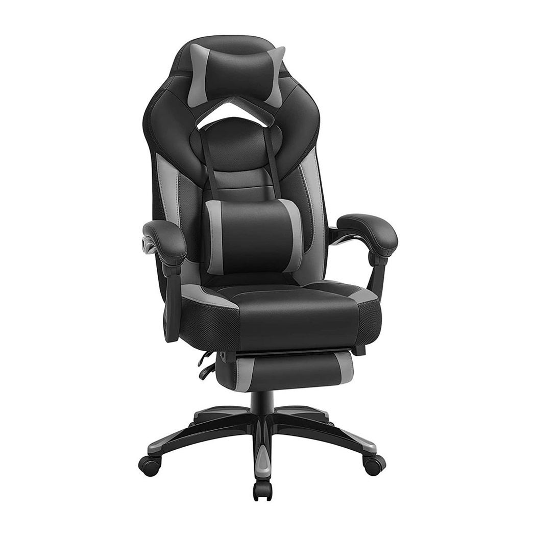 Fauteuil Gamer ROGER, Repose-pieds, Coussin Cervical et Lombaire, Cuir Noir et Gris