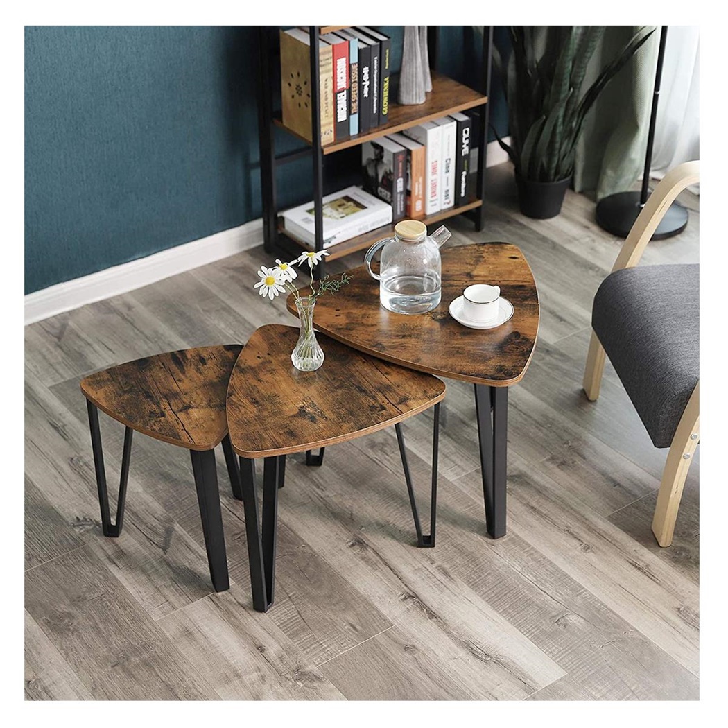 Lot de 3 Tables Basses JOKI, Très Fonctionnelles, Métal et Bois Noyer