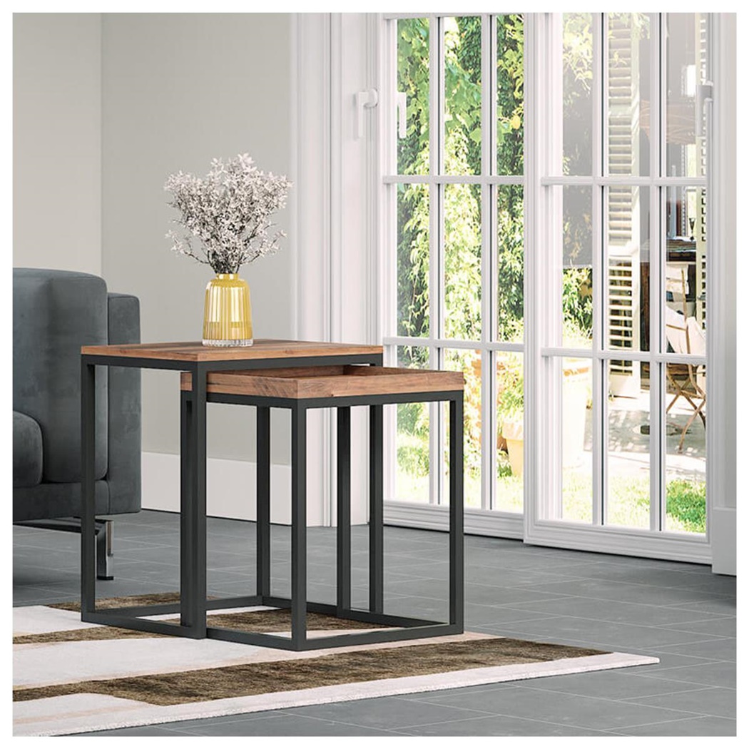 Lot de 2 Tables Gigognes QUENTIN, Design Moderne, Métal et Bois Rustique