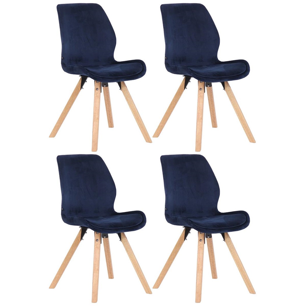 Lot de 4 Chaises Visiteur KALI VELOURS, Pieds en Hêtre, Assise Rembourrée, Bleu