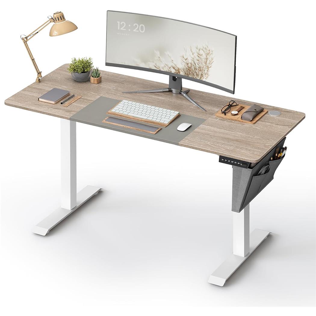 Bureau Réglable en Hauteur ALPES, 140x60 cm, Structure Metallique, Chêne et Blanc
