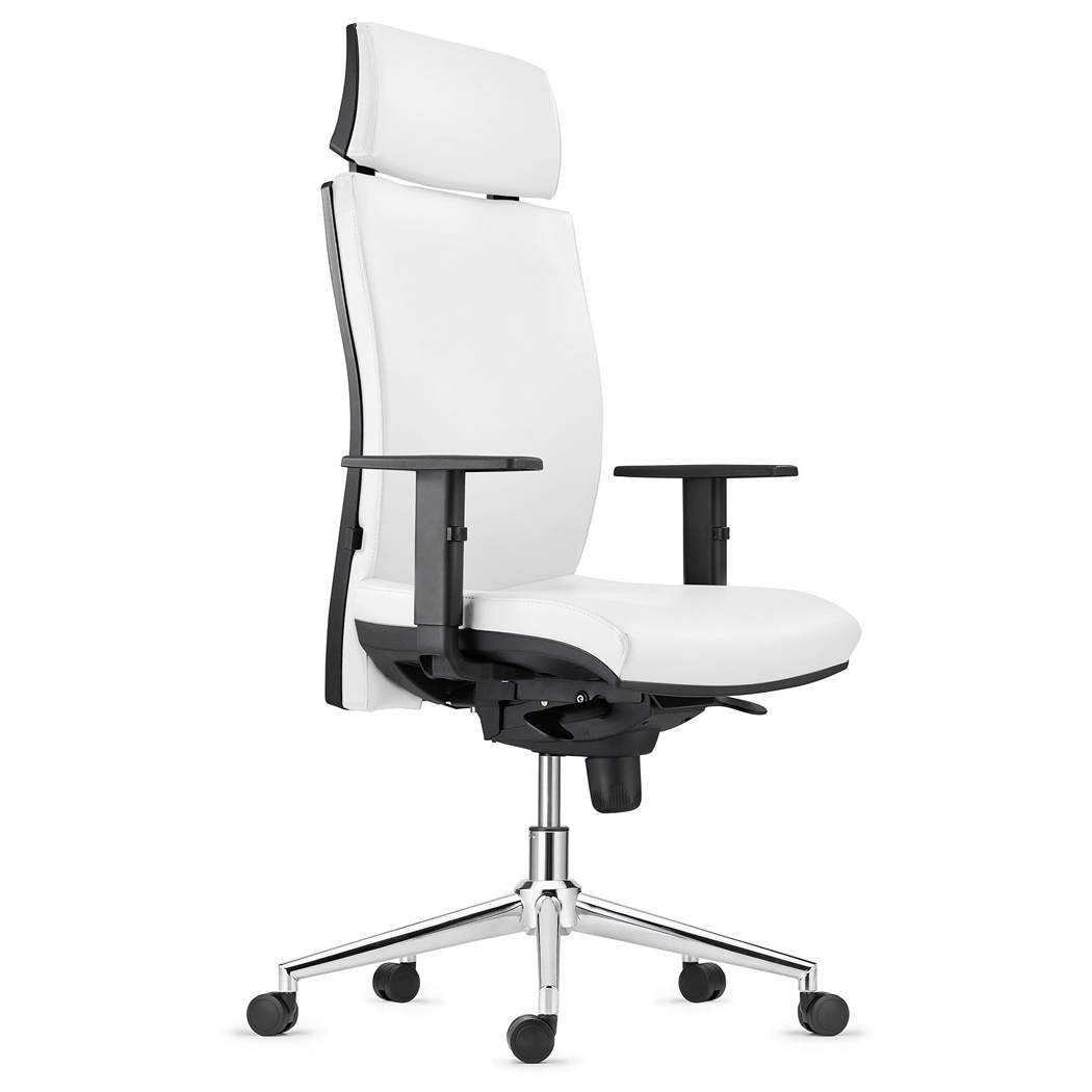 DEMO# Chaise Ergonomique MARVEL, avec Piétement Métallique, Appui-tête et Support Lombaire, en Cuir Authentique, Blanc