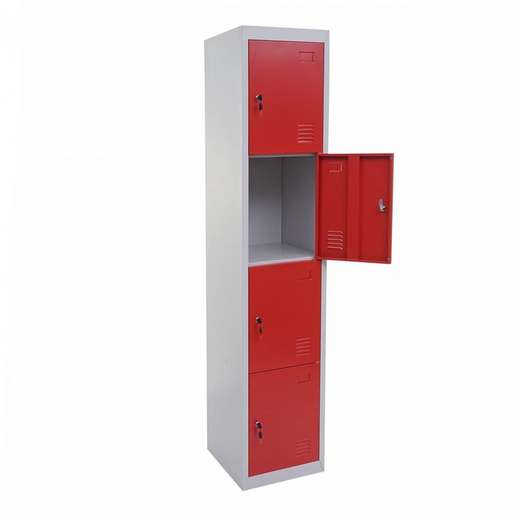 Meuble Casier Métallique HILDUR, 180x38x45 cm, 4 Portes avec Serrure, Rouge