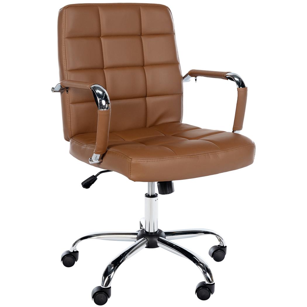 Fauteuil de Bureau BAXTER, structure et accoudoirs métalliques, Revêtement Cuir, Marron Clair