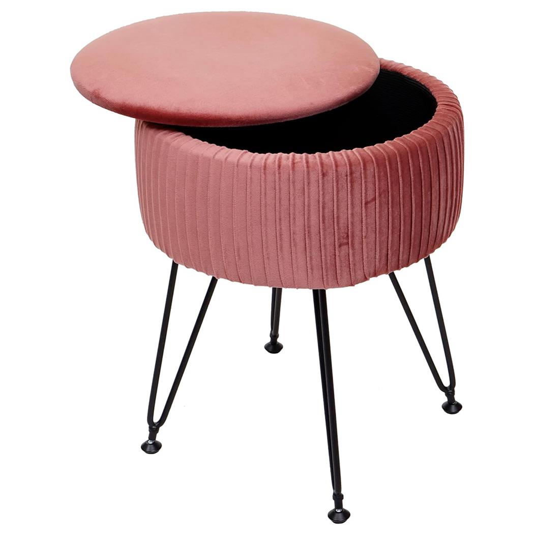 Tabouret MEKO, Compartiment de Rangement, Pieds Noirs, En Tissu Rose