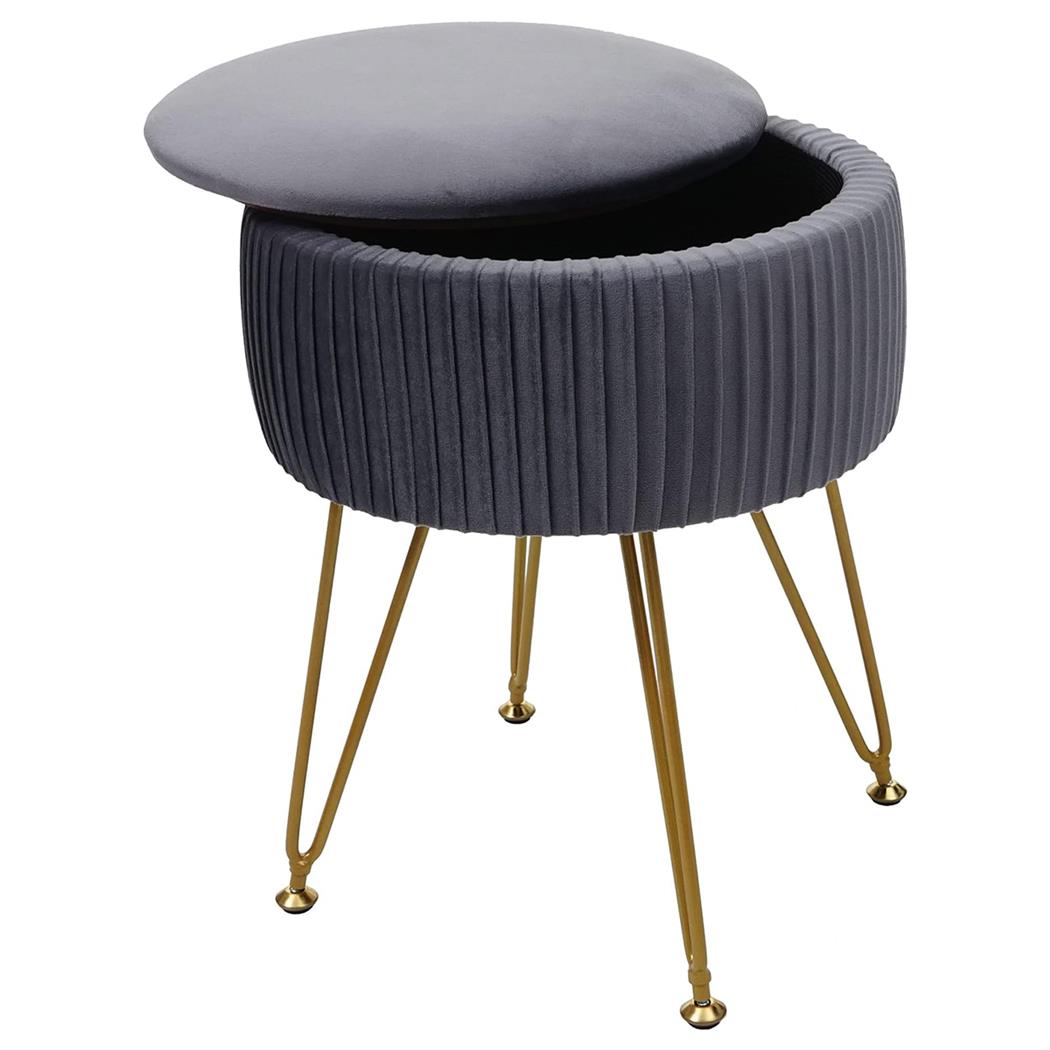 Tabouret MEKO, Compartiment de Rangement, Pieds Dorés, En Tissu Gris