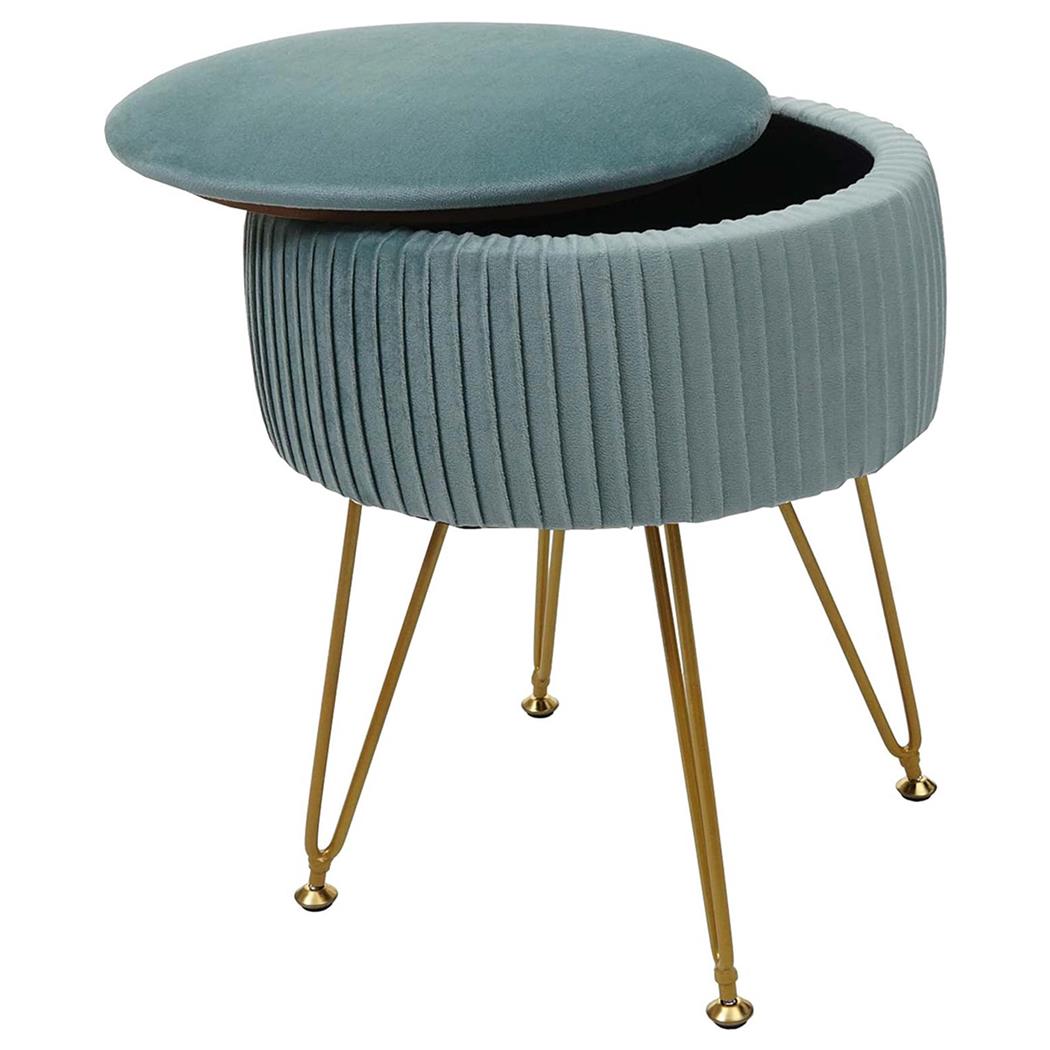 Tabouret MEKO, Compartiment de Rangement, Pieds Dorés, En Tissu Vert