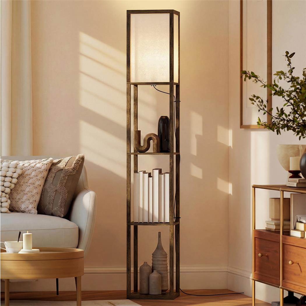 Lampe de Bureau TALIA, Dimensions 26x26x160 cm, avec Étagères, en Bois, Marron Foncé