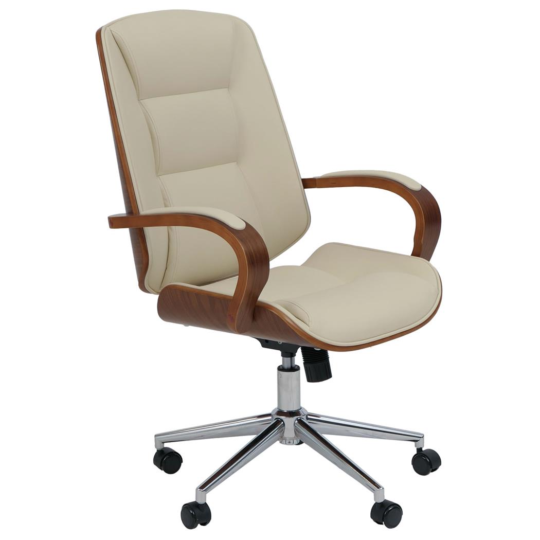 Chaise de Bureau CLARIN, Style Scandinave, Rembourrage Épais, Bois couleur Noyer et Cuir, Crème