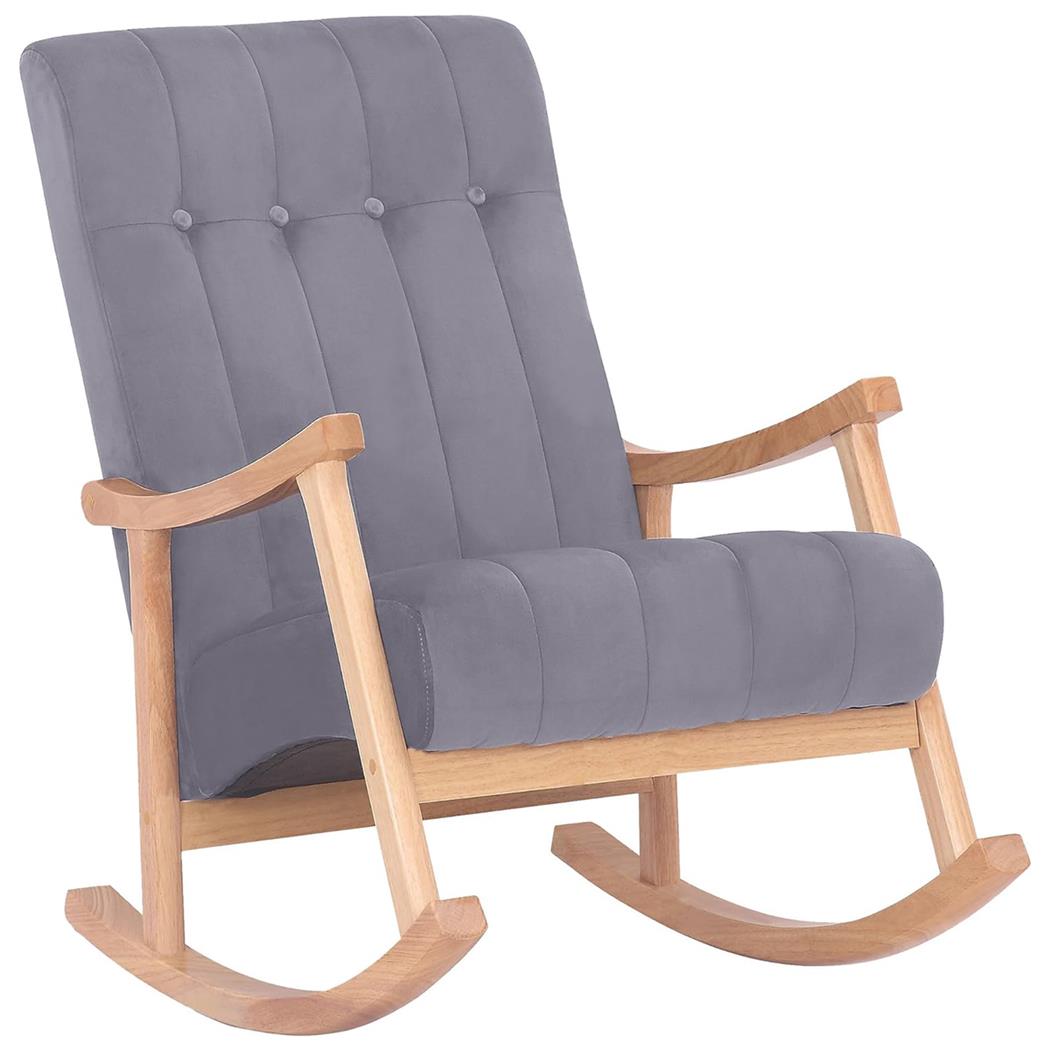 Fauteuil à Bascule SELMA, Grand Rembourrage, Structure en Bois Clair, Velours, Gris