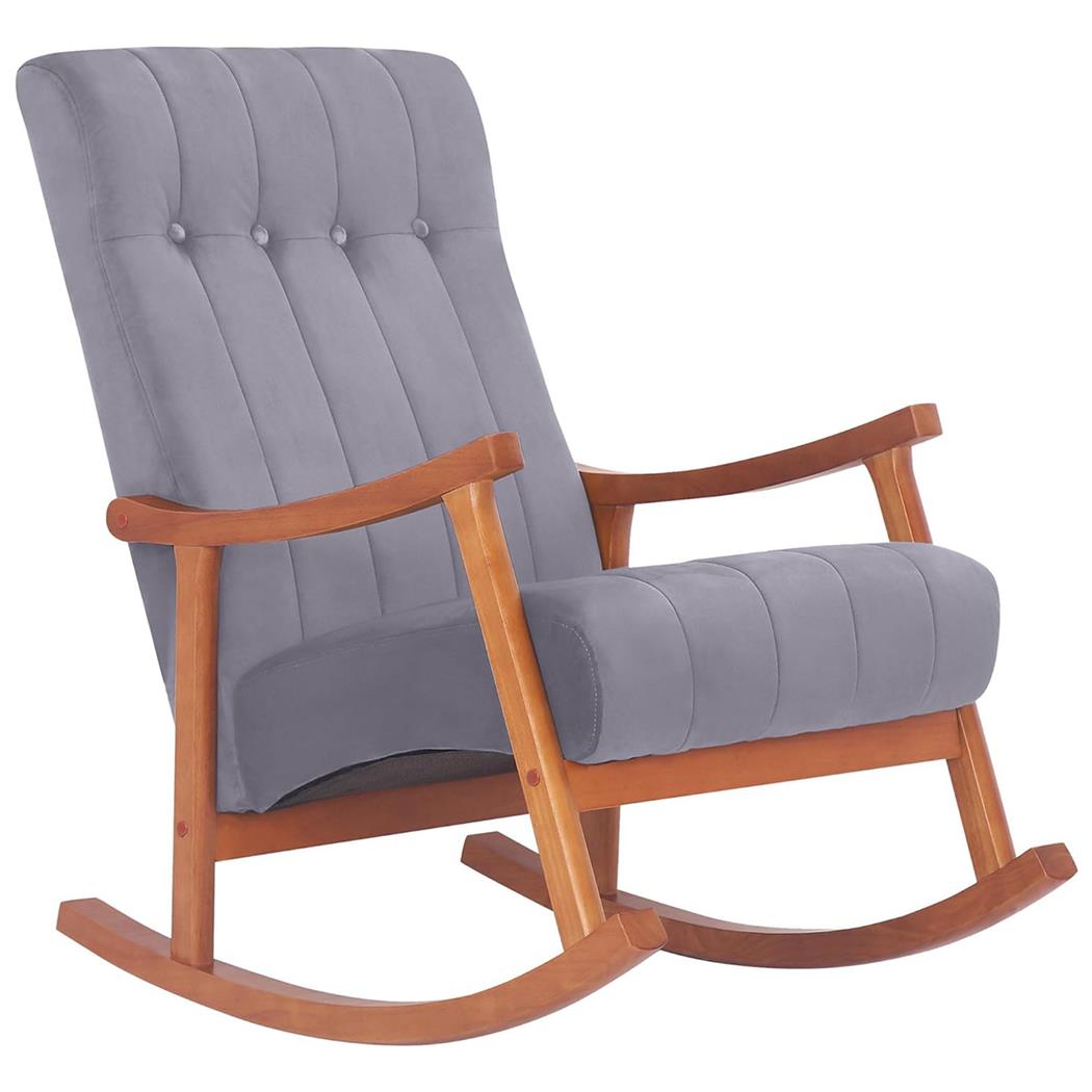 Fauteuil à Bascule SELMA, Grand Rembourrage, Structure en Bois couleur Noyer, Velours, Gris