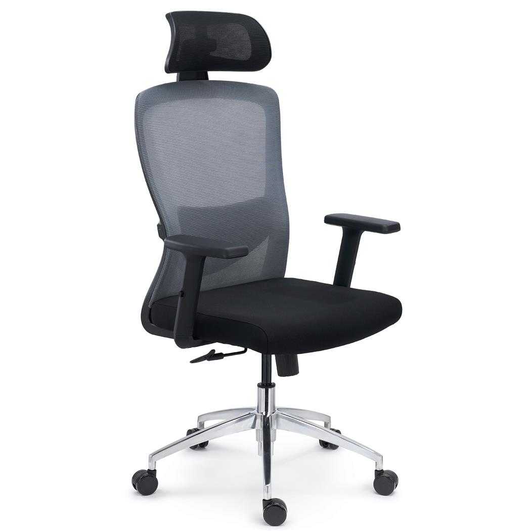 Chaise de Bureau NOTE MAX, Appui-tête, Support Lombaire Réglable, Piètement Chromé, en Tissu et Maille, Gris