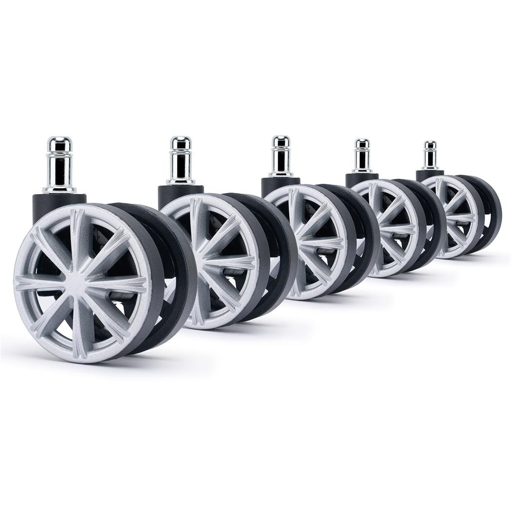 5x Roulettes H4 11x60mm, pour Sols Moquettés, Design Sportif, en Plastique, Gris