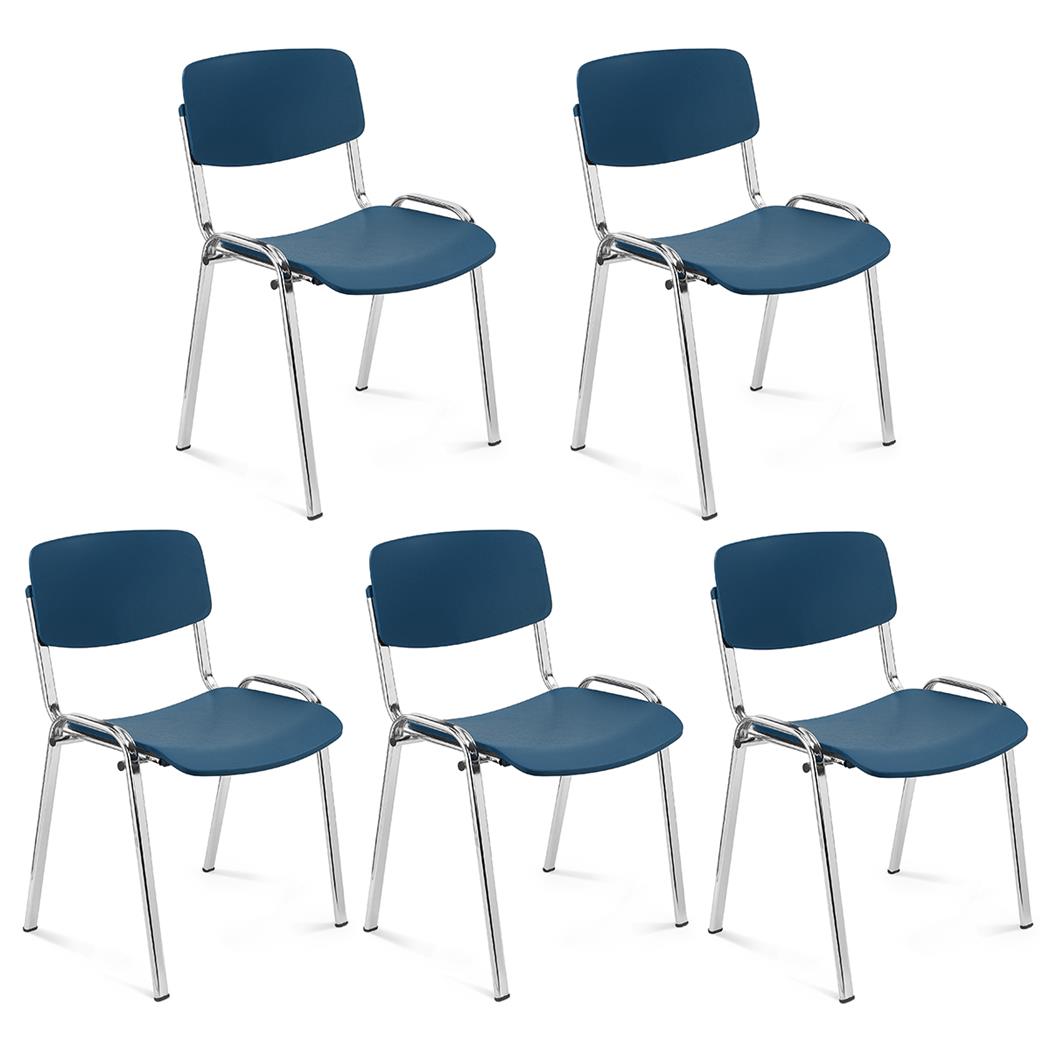 Lot de 5 Chaises Visiteur MILKA, Élégantes et Polyvalentes, Empilables, Piètement Chromé, Bleu