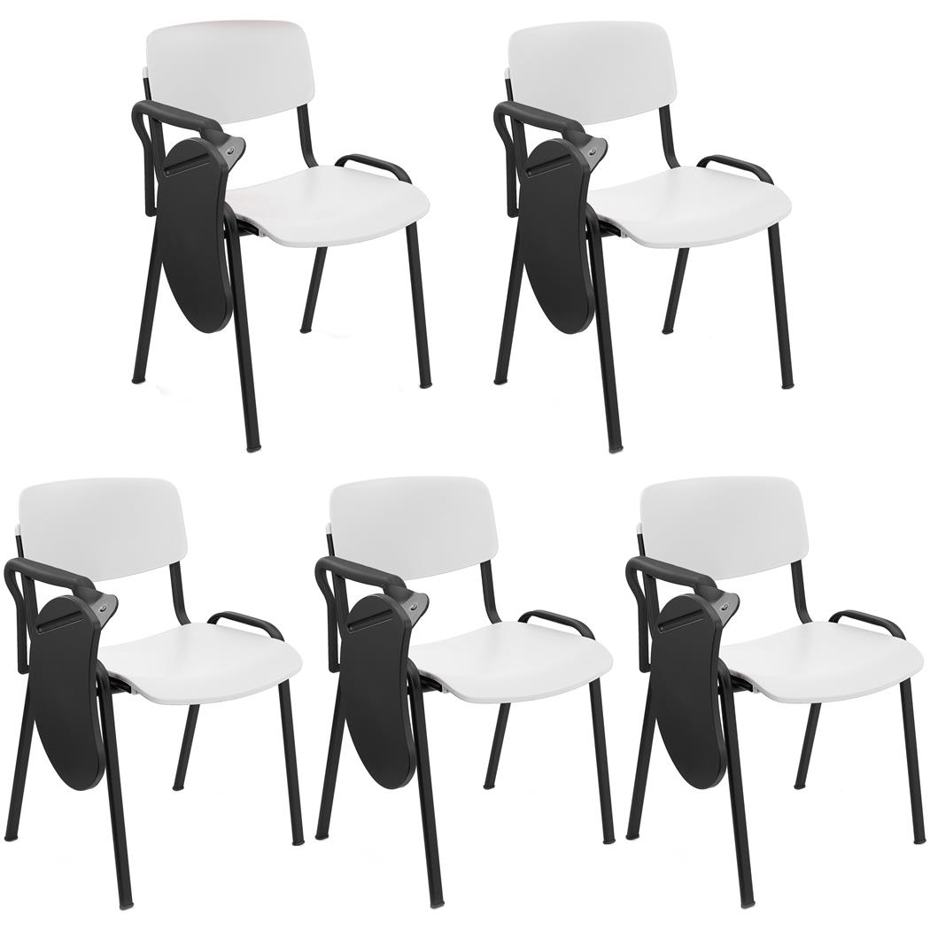 Lot de 5 Chaises Visiteur MILKA AVEC TABLETTE, Élégantes et Polyvalentes, Empilables, Piètement Noir, Blanc