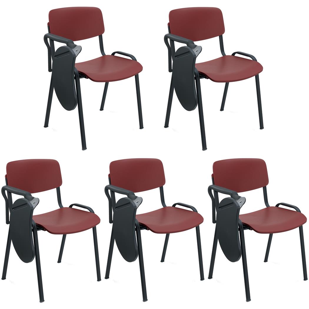 Lot de 5 Chaises Visiteur MILKA AVEC TABLETTE, Élégantes et Polyvalentes, Empilables, Piètement Noir, Bordeaux