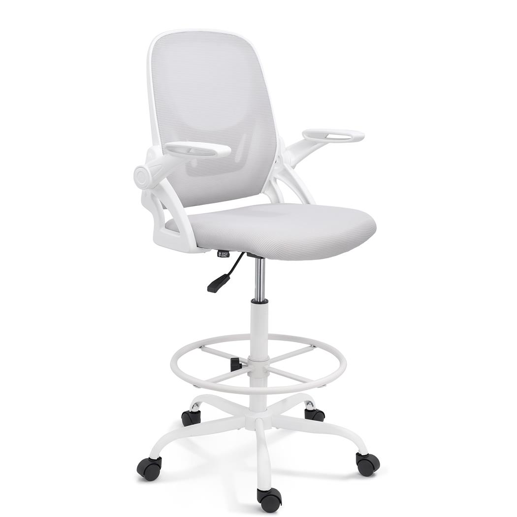 Tabouret de Travail GEAR, Accoudoirs Rabattables, Repose-pieds Réglable, Structure Blanche, Gris