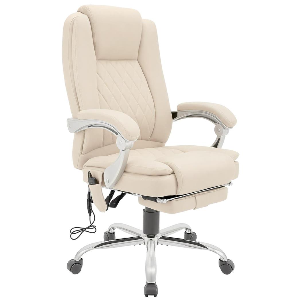 Fauteuil de bureau CABUYA, Repose-pieds Extensible, Fonction Massage, Cuir, Crème