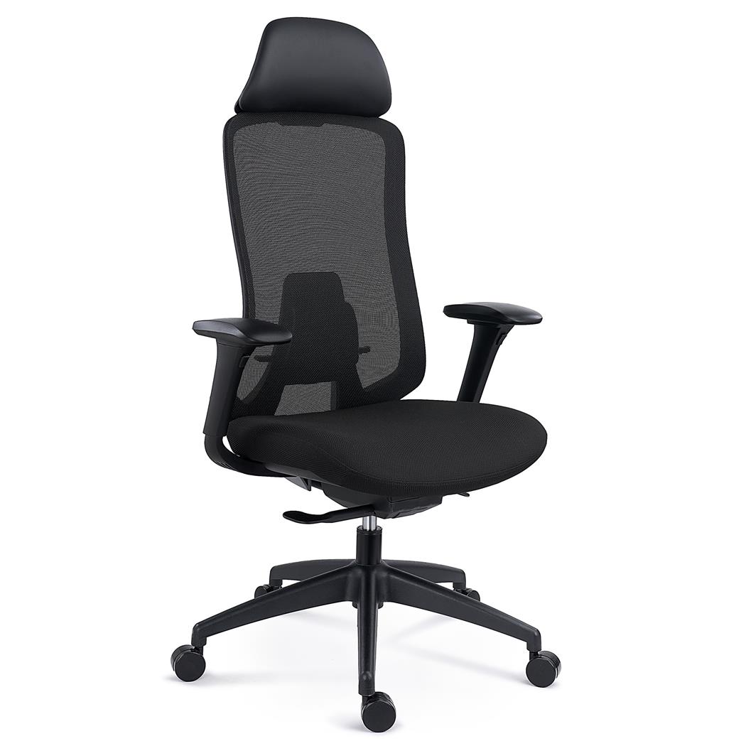 Chaise Ergonomique FENIX avec Appui-tête, Support Lombaire, en Tissu Ignifuge et Maille, Noir
