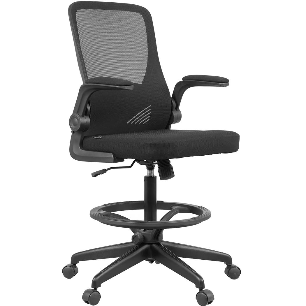 Tabouret de Bureau FOLD, Accoudoirs Rabattables, Support Lombaire, Repose-Pieds, En Tissu, Noir 