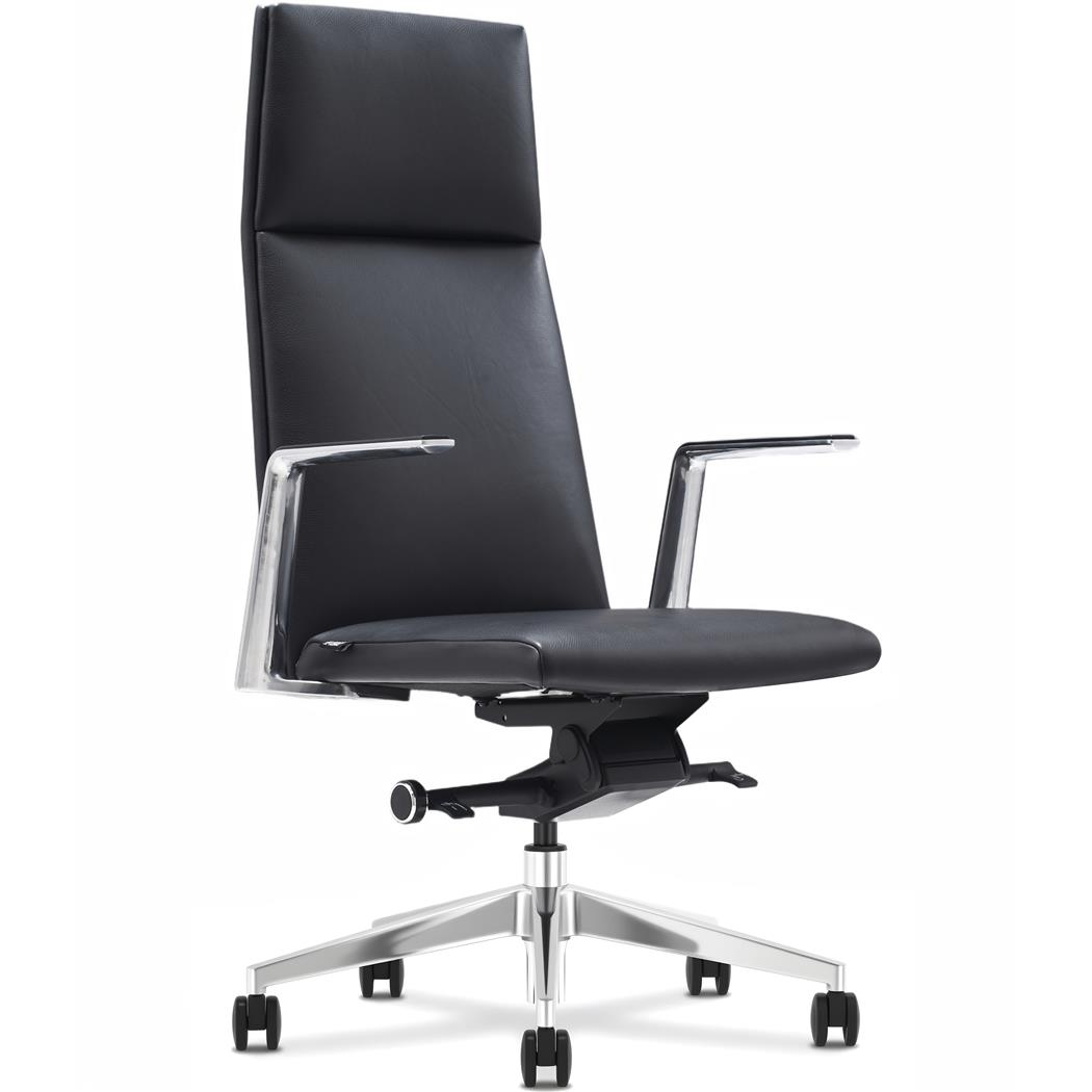 Fauteuil De Bureau TORINO, Design Exclusif, Accoudoirs et Base en Aluminim, Cuir Authentique, Noir