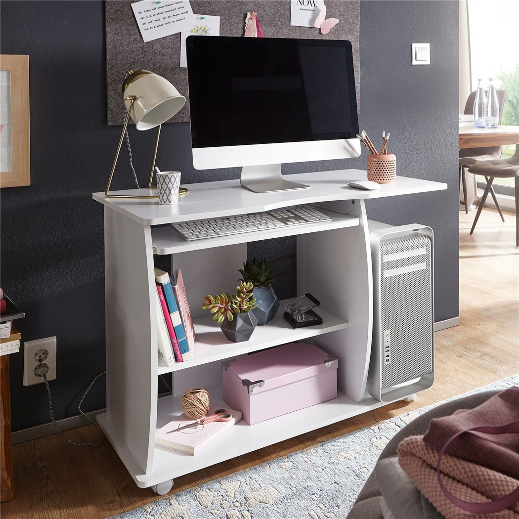 Bureau Informatique DUKE sur Roulettes, Dimensions 90x50cm, Bois Blanc