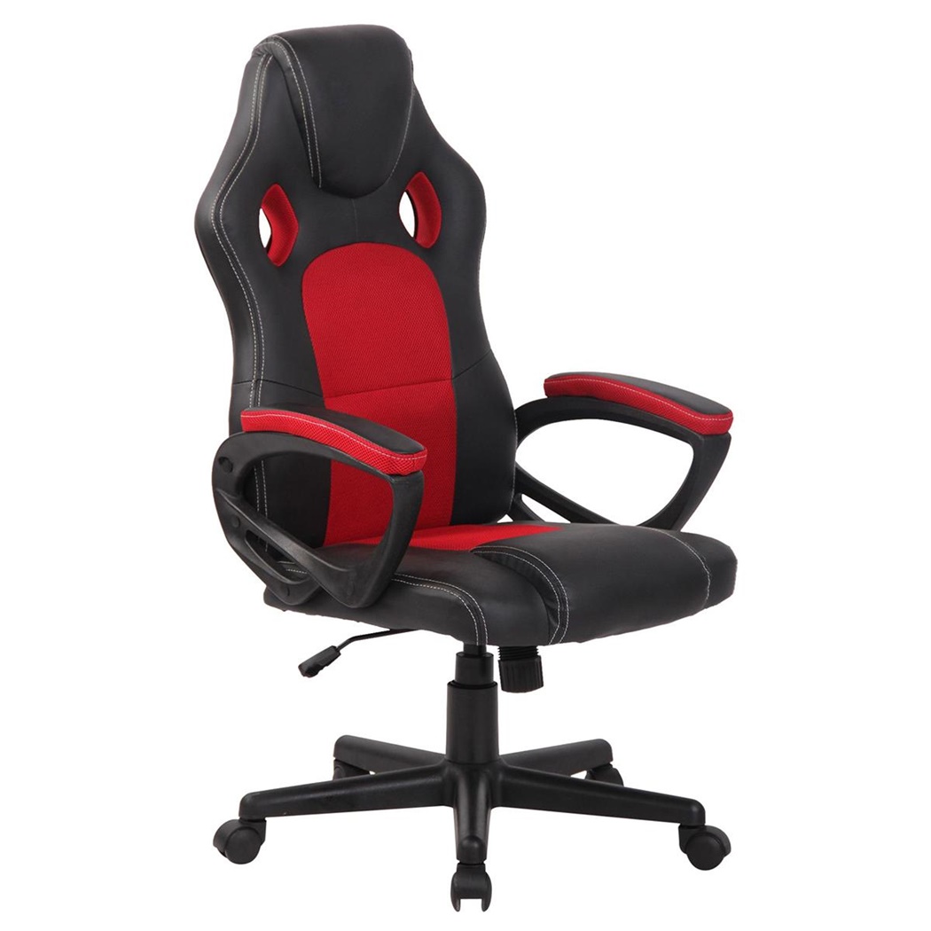 Fauteuil Gamer MONTMELO, design sportif spectaculaire, Cuir et Tissu, Noir et Rouge