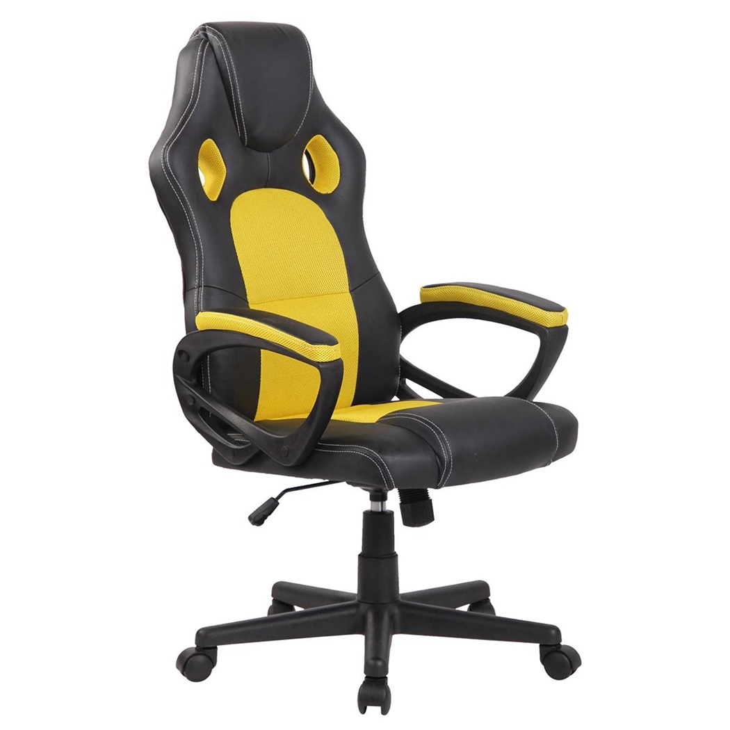 Fauteuil Gamer MONTMELO, design sportif spectaculaire, Cuir et Tissu, Noir et Jaune