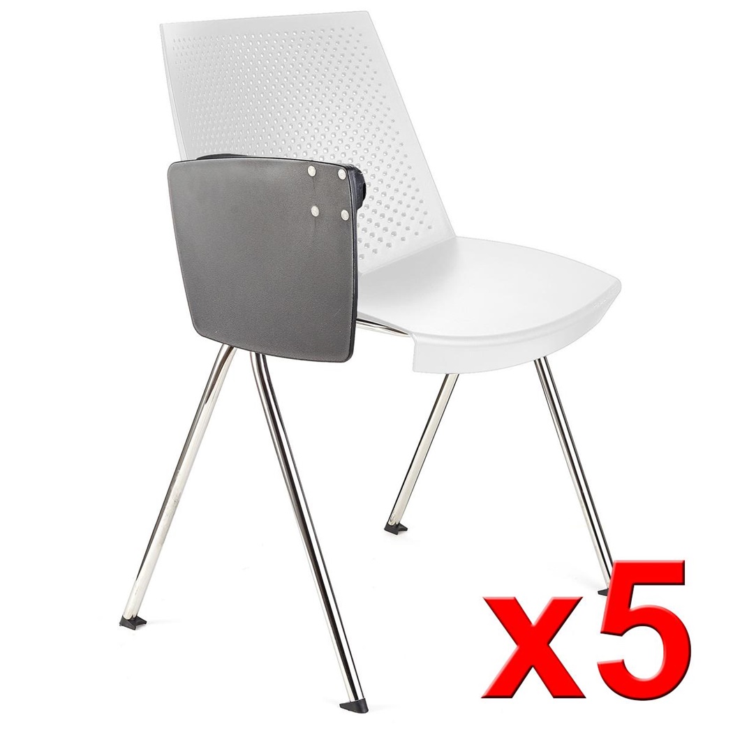 Lot de 5 Chaises visiteur ENZO AVEC TABLETTE, Commodes et Pratiques, Empilables, Blanc