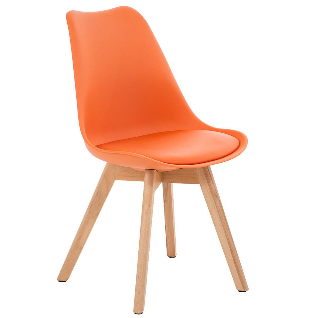 Chaise Design / Visiteur BOSPHORE, Piétement en Bois Couleur Claire, Structure en Plastique, Cuir, Orange