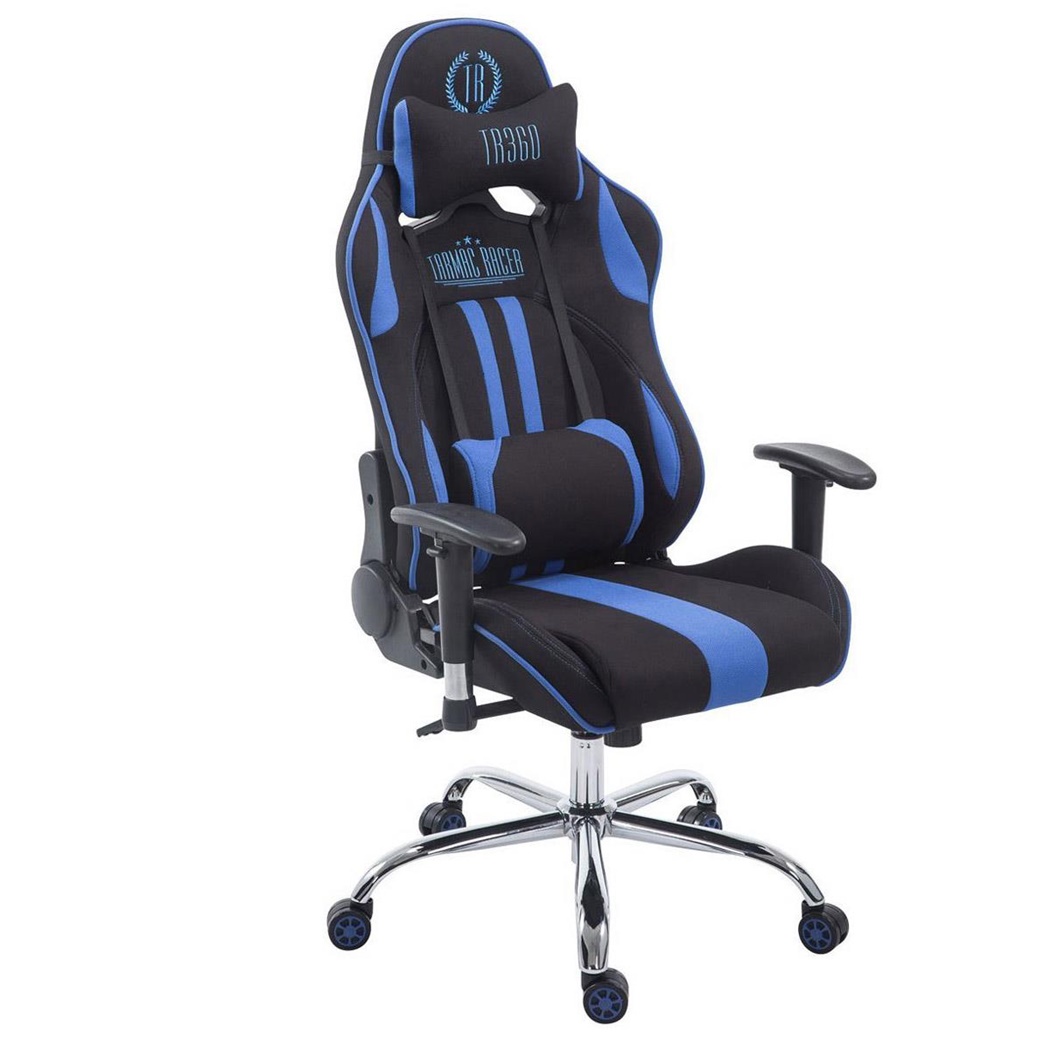 Fauteuil de bureau Gamer LOGAN TISSU, Dossier Inclinable, Coussins Inclus, Piétement en Métal, Noir/Bleu