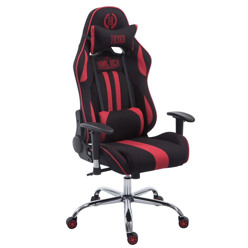 Fauteuil de bureau Gamer LOGAN TISSU, Dossier Inclinable, Coussins Inclus, Piétement en Métal, Noir/Rouge