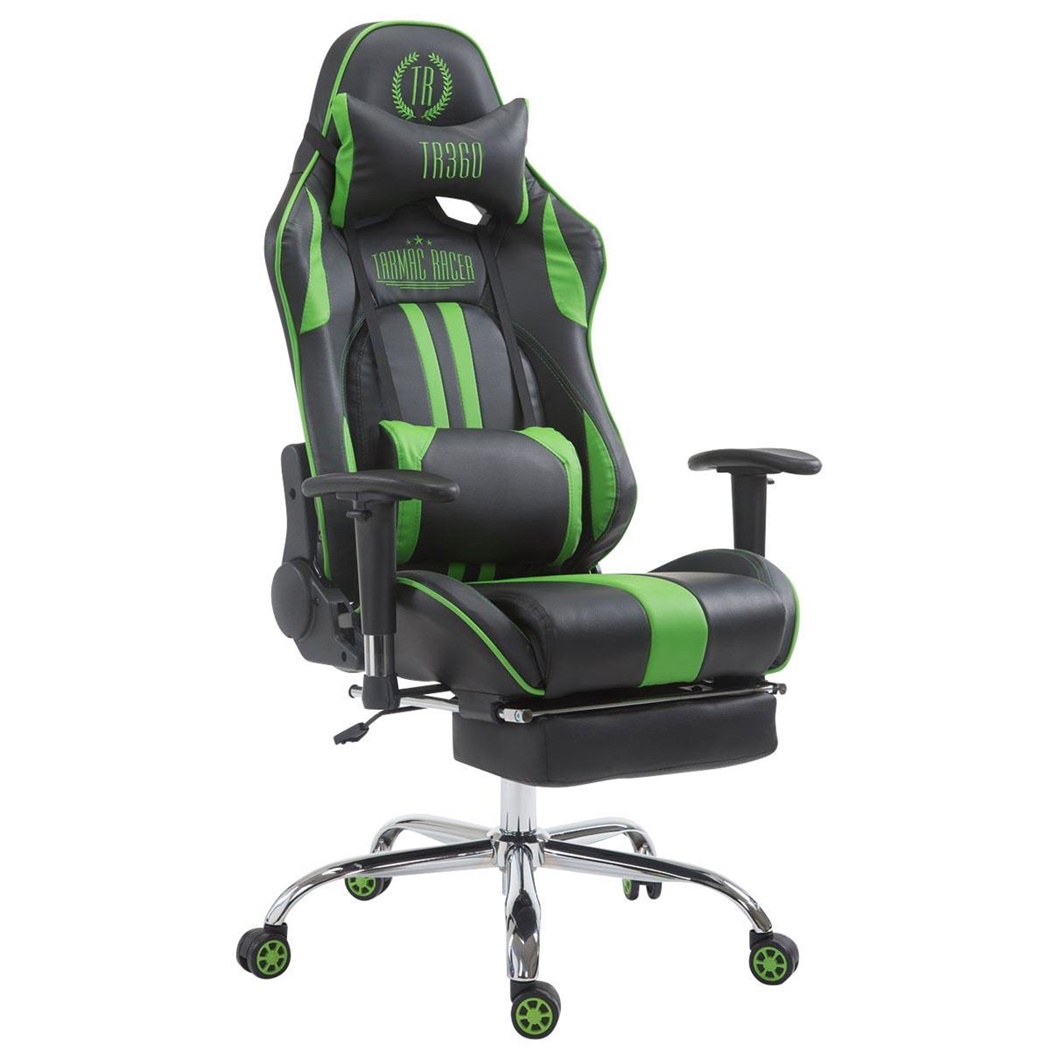 Fauteuil de bureau Gamer LOGAN avec Repose-pieds, Dossier Inclinable, Coussins Inclus, Piétement en Métal, Noir/Vert