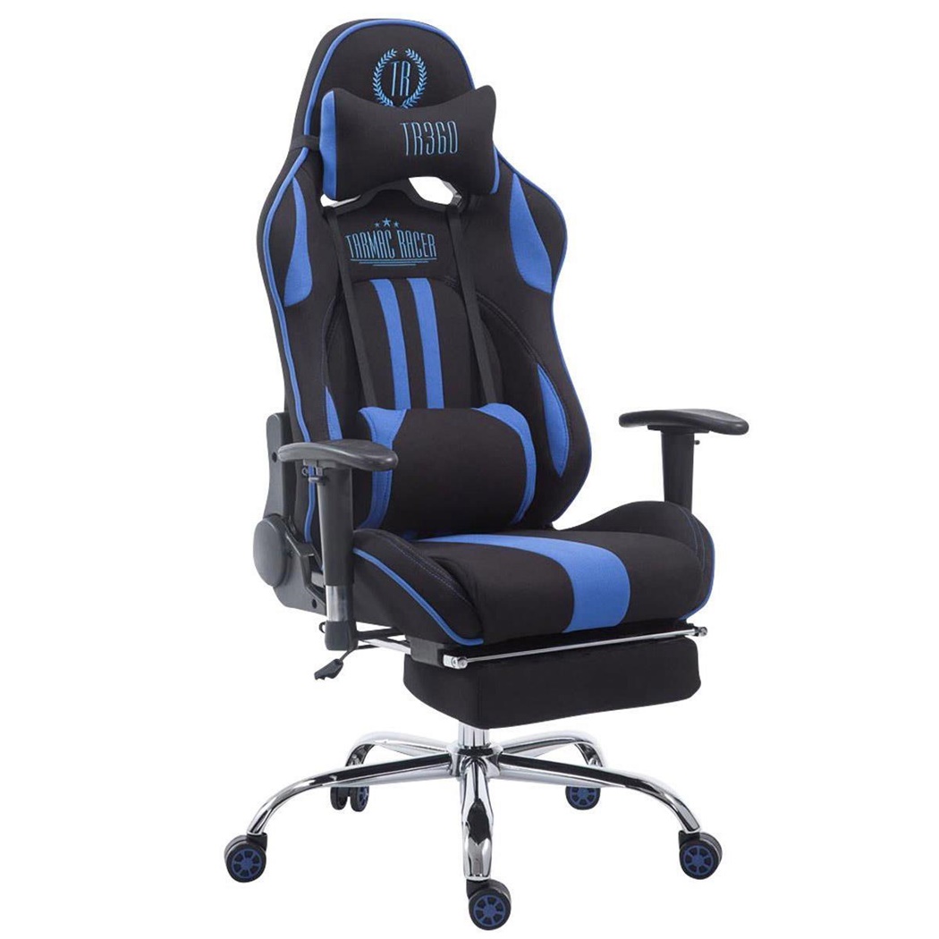 Fauteuil de bureau Gamer LOGAN TISSU avec Repose-pieds, Dossier Inclinable, Coussins Inclus, Piétement en Métal, Noir/Bleu