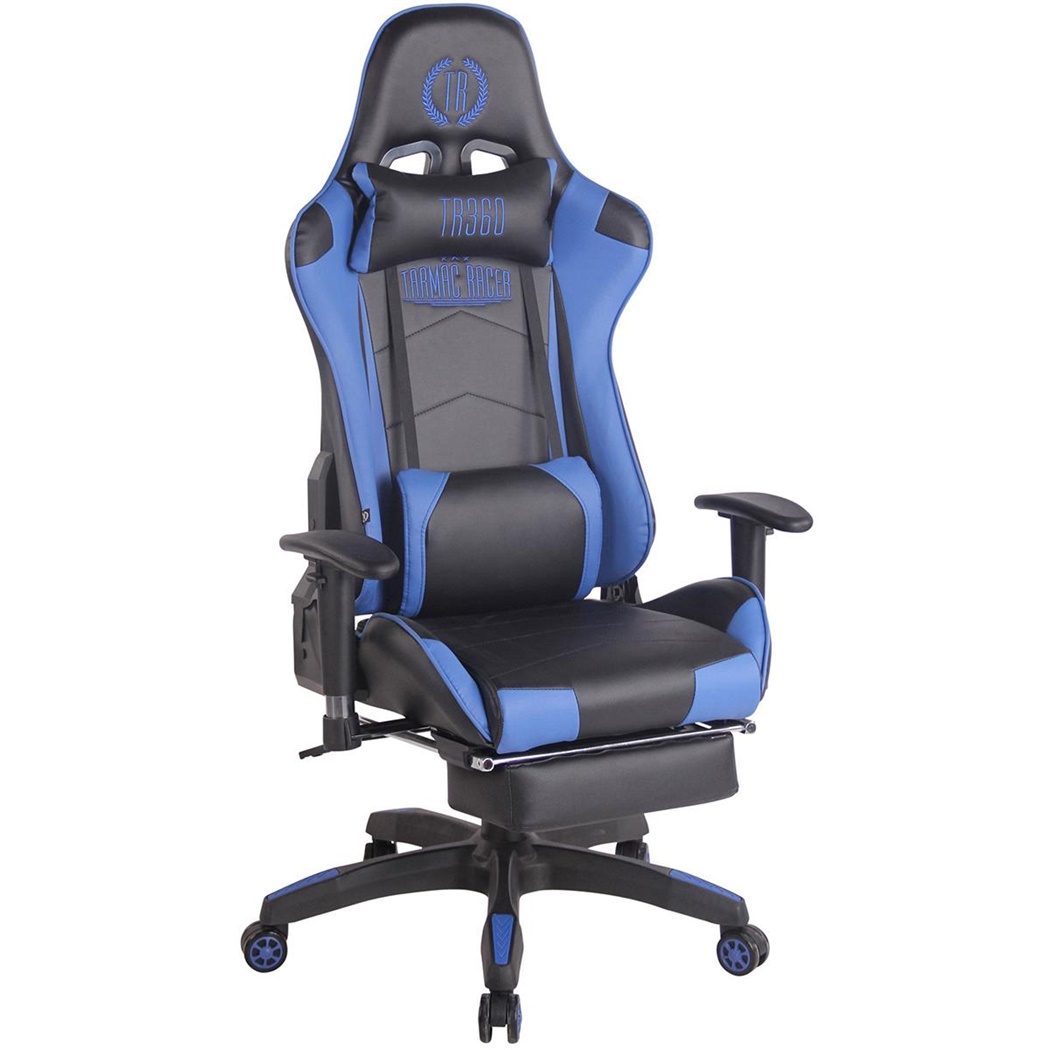 Fauteuil Gamer TURBO avec Repose-pieds, Dossier Inclinable, Coussin lombaire et cervical, Noir/Bleu