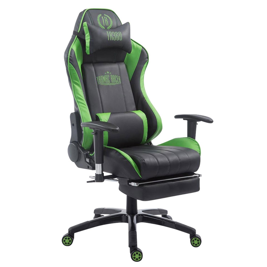 Fauteuil Gamer TURBO avec Repose-pieds, Dossier Inclinable, Coussin lombaire et cervical, Noir/Vert