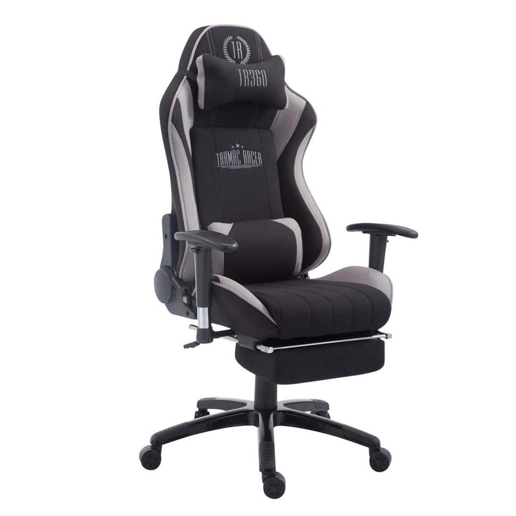 Fauteuil Gamer TURBO TISSU avec Repose-pieds, Dossier Inclinable, Coussin lombaire et cervical, Noir/Gris