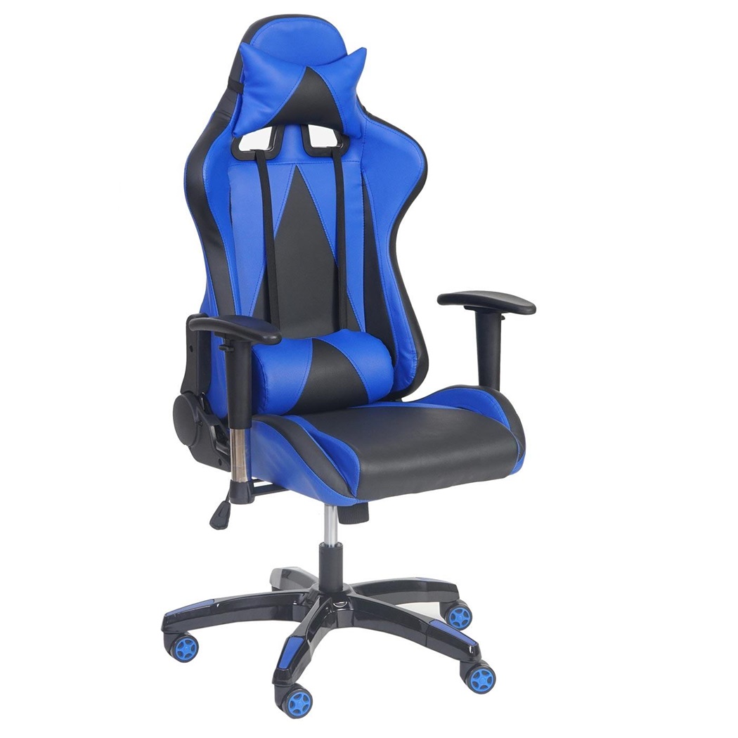 Fauteuil Gamer RACING LUCA, Dossier Inclinable, Coussins Lombaire et Cervical, En Cuir, Noir / Bleu