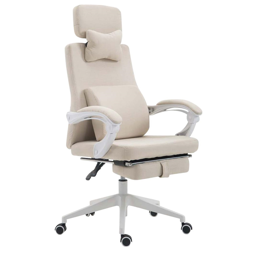 Fauteuil de bureau ADRIEN, Repose-pieds Extensible, Coussins Lombaire et Cervical, en Tissu. Crème