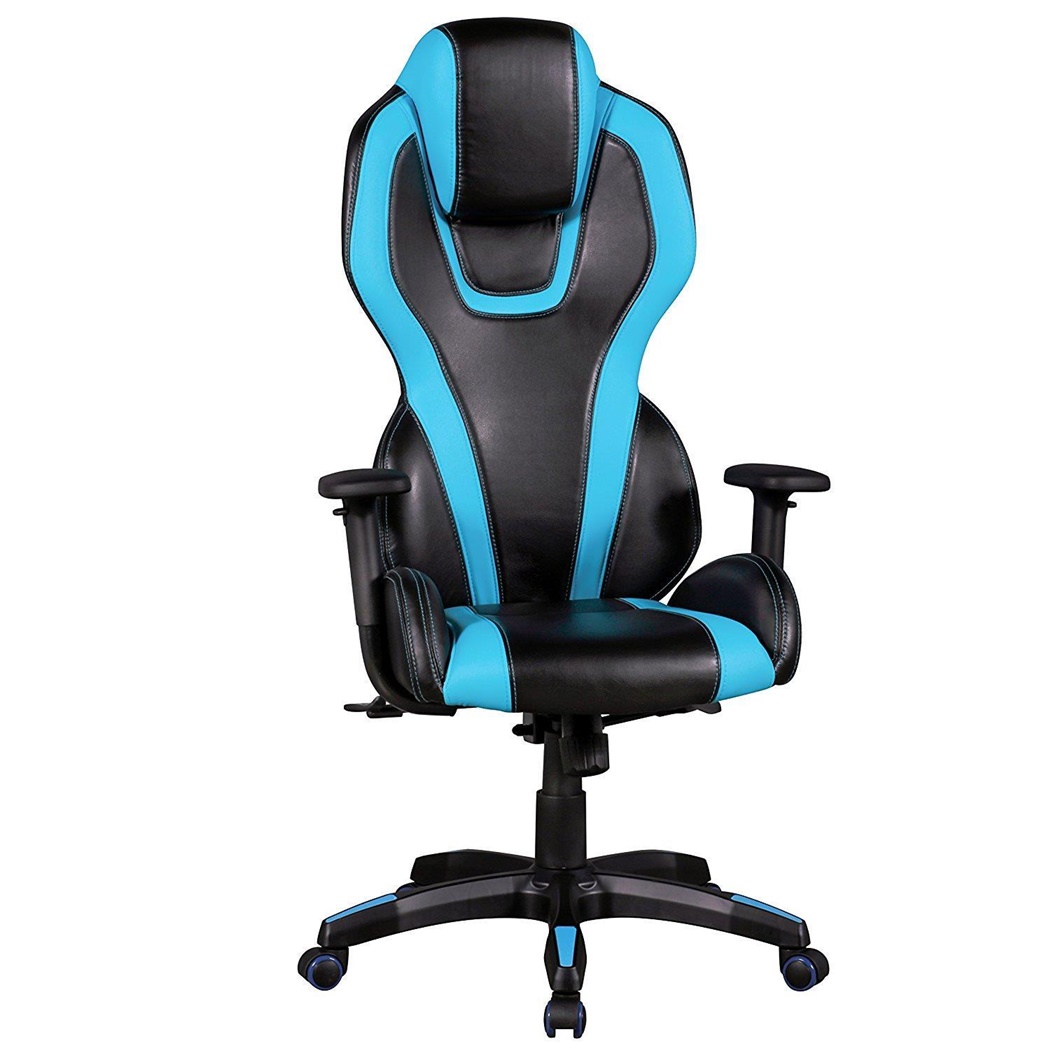 Chaise Gamer LANDAU, accoudoirs ajustables, Revêtement Cuir, Noir et Bleu