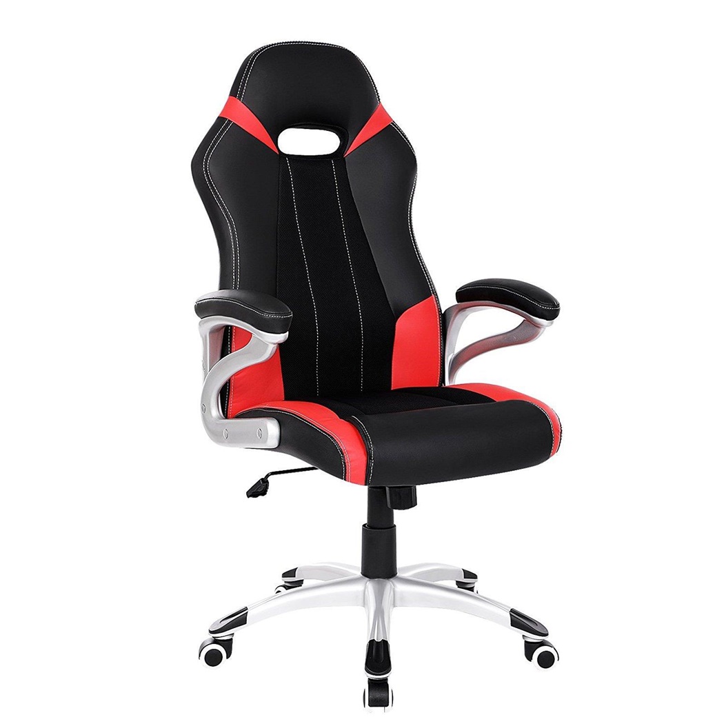 Fauteuil de bureau ISOS, Grand rembourrage, Design sportif, en maille respirable et Cuir, Noir / Rouge